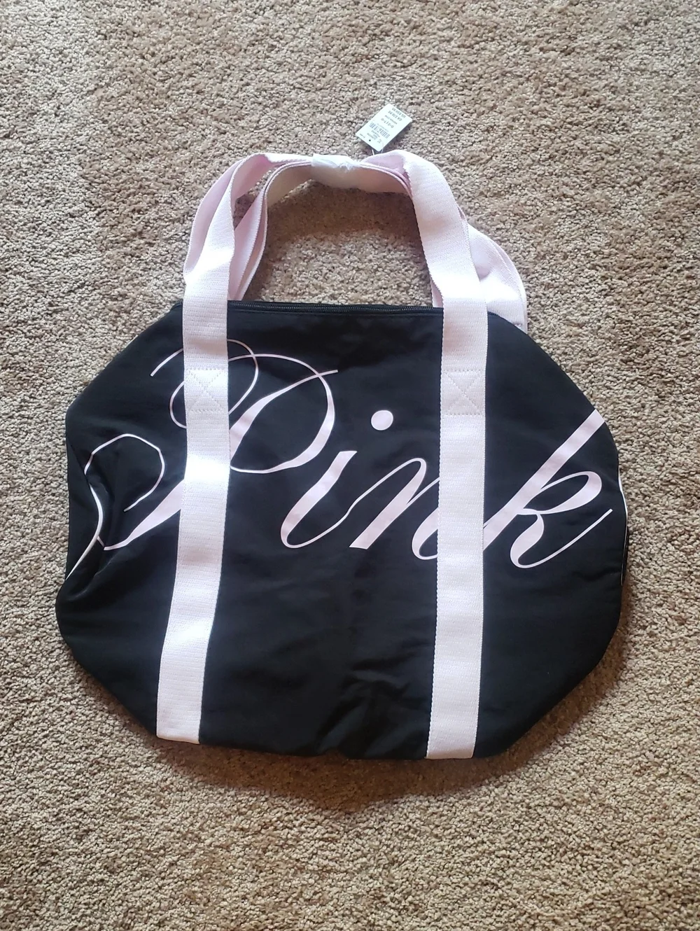 PINK Victoria's Secret Black Tote with Light Pink Script and Straps